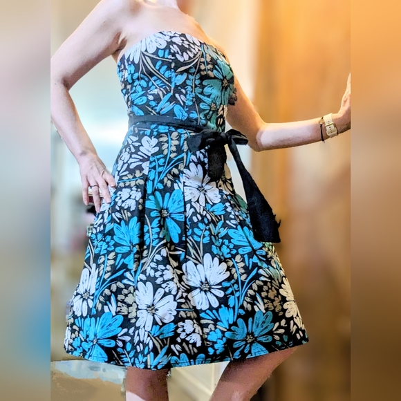 Vintage le chateau size med strapless mini dress, EUC, teal floral pattern - Picture 5 of 16